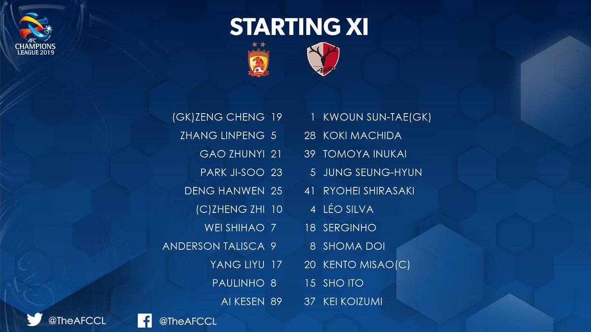 TheAFCCL's tweet photo. LINE-UPS | Guangzhou Evergrande 🇨🇳 🆚 @atlrs_official 🇯🇵
⏳ Not long now until the final #ACL2019 quarter-final of the week as 2⃣ x champions Guangzhou take on holders Kashima. Here's how they line up!
#GUAvKAS https://t.co/YGasBJxdZ6
