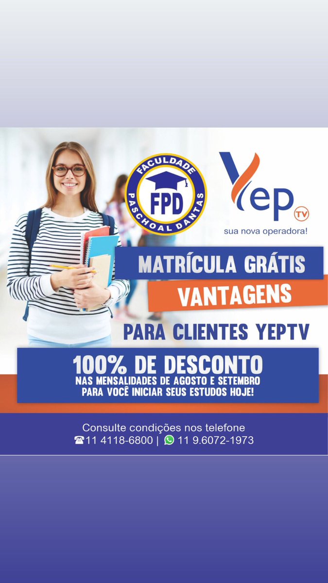 Yeptvoperadora's tweet photo. Cliente YepTv tem Matrícula Grátis na Faculdade Paschoal Dantas e 100% de desconto nas mensalidades de agosto e setembro para você iniciar seus estudos hoje!
E não para por aqui, 50% de desconto nas mensalidades de outubro, novembro e dezembro e 30% de desconto até o término. https://t.co/iiWgKYIFDD