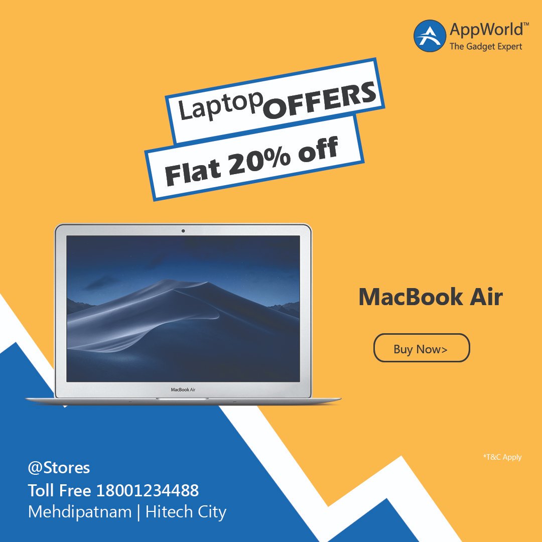 AppWorldIndia's tweet photo. Offers on Mac Flat 20% OFF! Hurry Up!! Buy #MacBookAir and get off @AppWorld we have more discounts. Visit our Stores at mehdipatnam | Hitech City or Call 18001234488 *T&amp;c. https://t.co/xoXVMbEbVV https://t.co/b4x0smaeSx