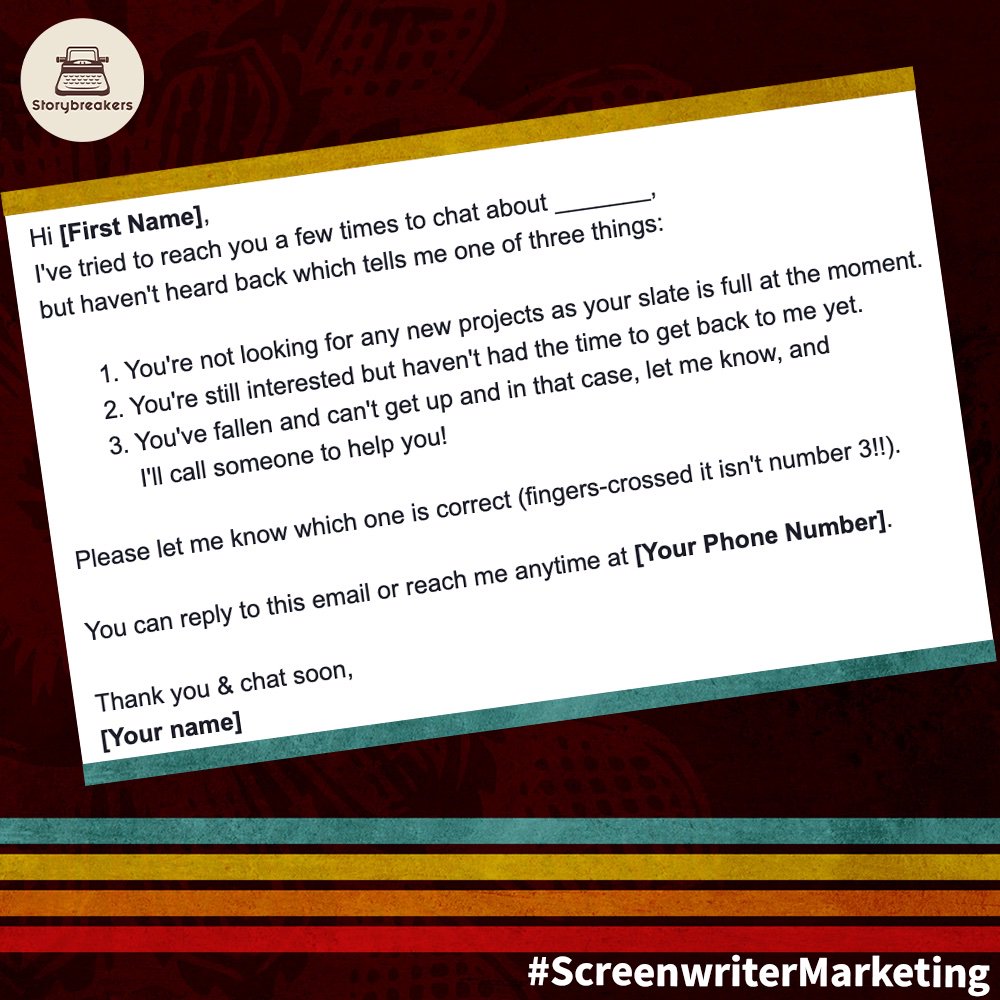 Storybreakers's tweet image. On the latest #ScreenwriterMarketing Lab, we show you how to get a reply from a busy producer.
A tried &amp;amp; tested email that we know for a fact works!
Here are the key ingredients and the template.
For more on this topic, peep the episode: youtu.be/b8mFLMkdZt4