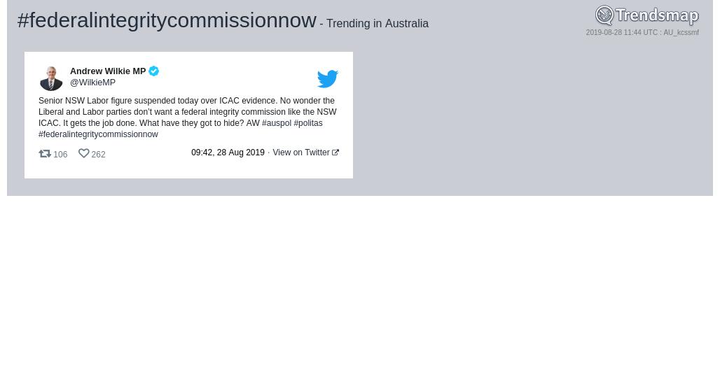 #federalintegritycommissionnow is now trending in Australia

trendsmap.com/r/AU_kcssmf