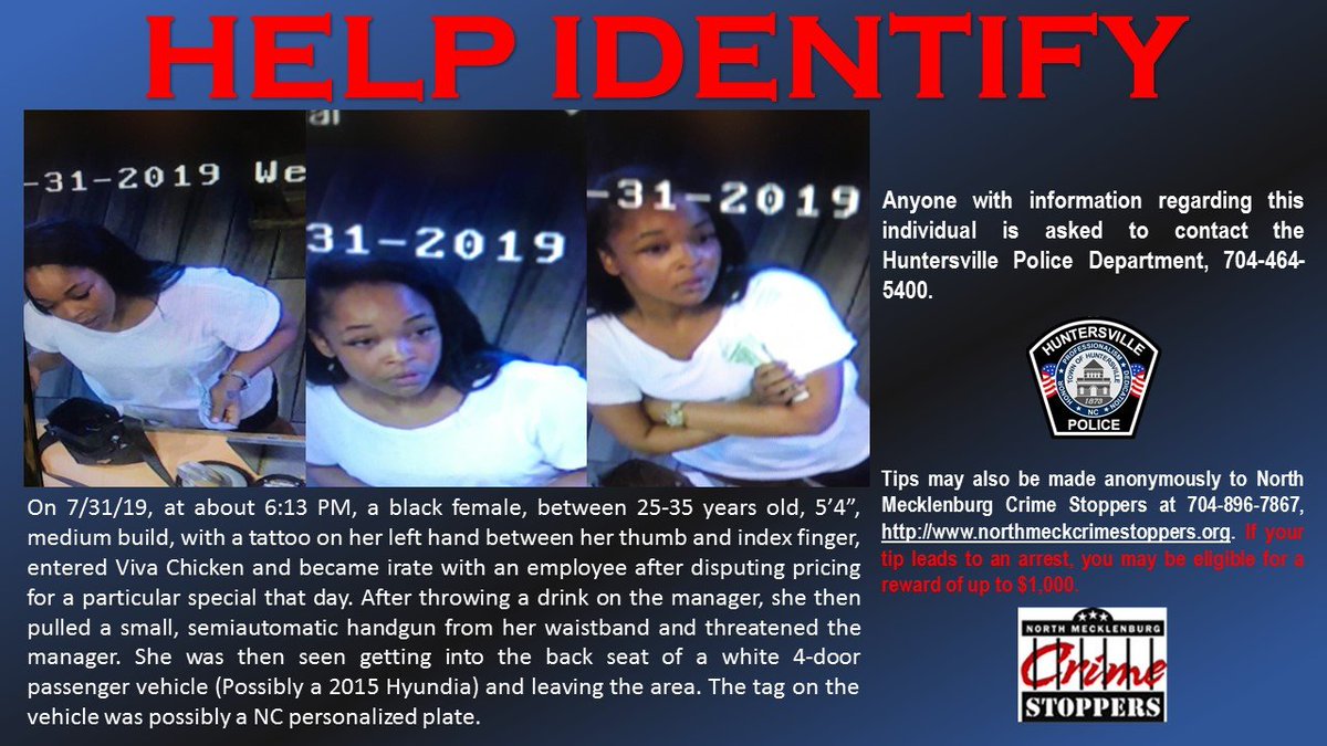 HuntersvillePD's tweet photo. HELP IDENTIFYING. The woman in this photo threatened a Viva Chicken employee on 7/31/19 with a gun after disputing $5 price difference.  Know her, contact us or North Meck. Crime Stoppers.
#HelpIdentifying #CrimeStoppers #CashForTips #HuntersvillePD https://t.co/P7zs9yn4DY