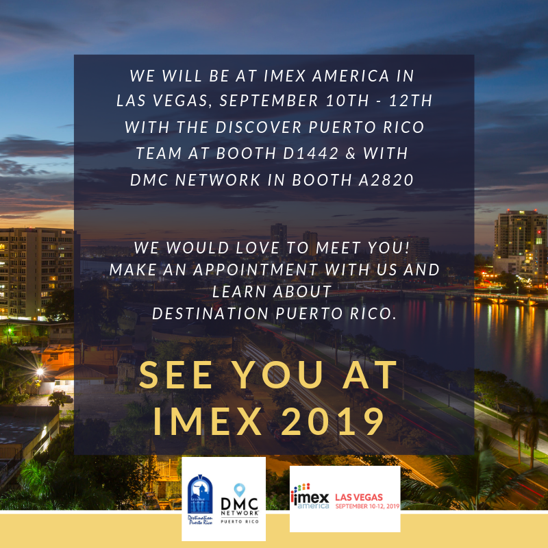 DestPuertoRico's tweet photo. Who is attending Imex America? Make an appointment with us by visiting https://t.co/HVyTb1fnqD and learn about Destination Puerto Rico. #Imex19  #eventprofs #discoverpuertorico #dmcnetwork https://t.co/z8cgfeFZqY