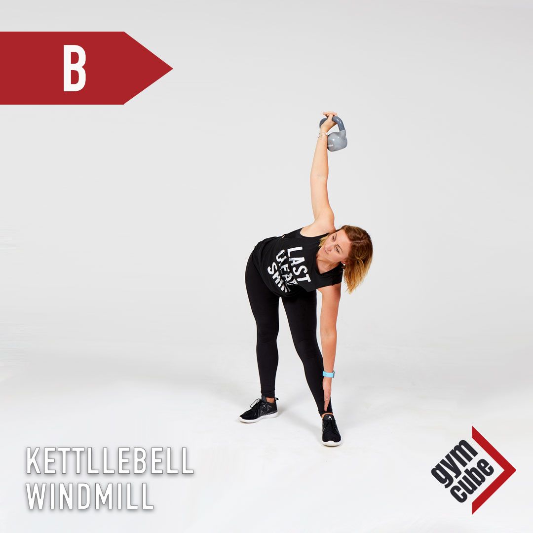 How to perform - Kettlebell Windmill 

Step 1 Stand upright holding kettlebell at shoulder height with a bent elbow.
Step 2 Extend arm upwards and lean slightly away from active side.
Step 3 Exhale as you lift the kettlebell, and inhale as you lower it.

---
 
#teamgc #gymcube