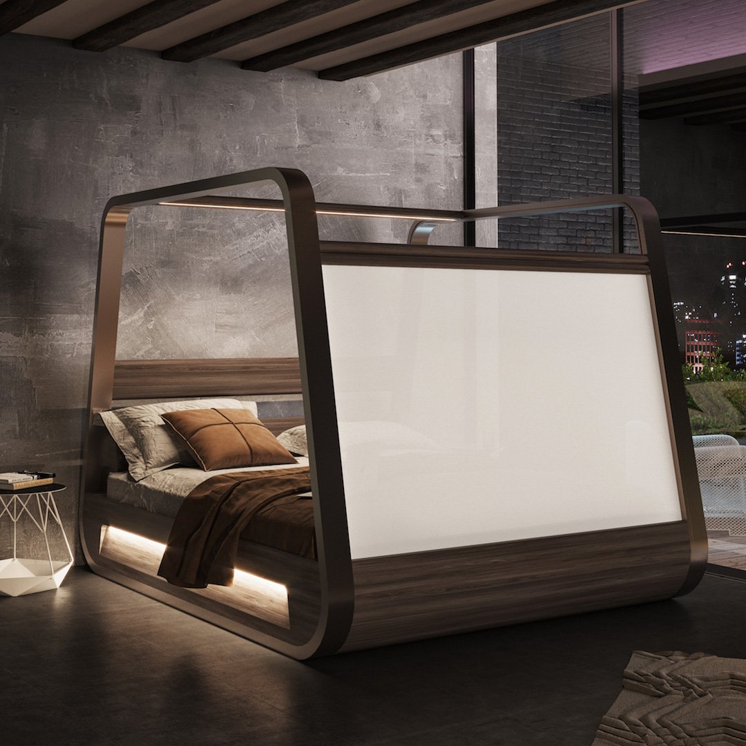 FLondonAcademy's tweet photo. Designed by #architect @fabiovinella and Italian furniture label @hi_interiors the #HiBed brings a cinematic experience to your home with a 70-inch theater screen, Wi-Fi connection, invisible speakers and a built-in sound system, motorized blackout curtains and more! 🛏️📺 https://t.co/rezjKHDdVd