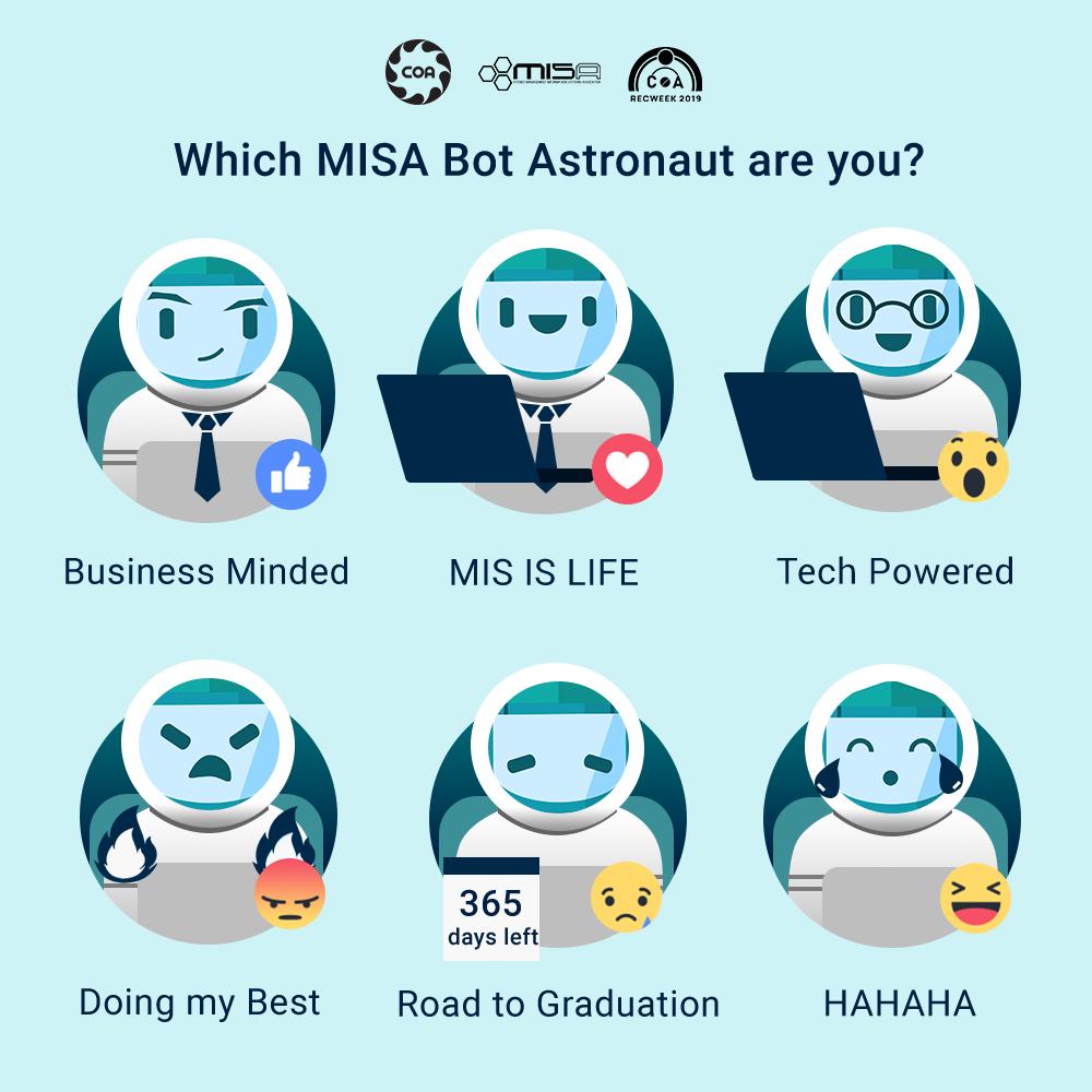 AteneoMISA's tweet photo. Quote which MISA Bot are you?
👍❤️😮😡😥😆
Sign up with MISA at RecWeek 2019: Orbit this August 27-30
#RecWeek2019Orbit #TraverseTheUnknown #ExploretheMISAverse
Follow COA RecWeek &
Ateneo MISA on Facebook for more updates!
Poster by: Tria Gonzales
Spiel by: Mae Buhain https://t.co/i6m2uYueVg