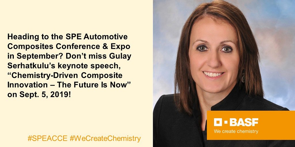 BASFCorporation's tweet photo. After Gulay Serhatkulu's keynote speech at @SPEAutomotive, be sure to visit us at booth P24 to learn how #WeCreateChemistry for the #automotive and #composites industries! #SPEACCE #NationalCompositesWeek https://t.co/LlwXv3KjFT https://t.co/alFkuchItK