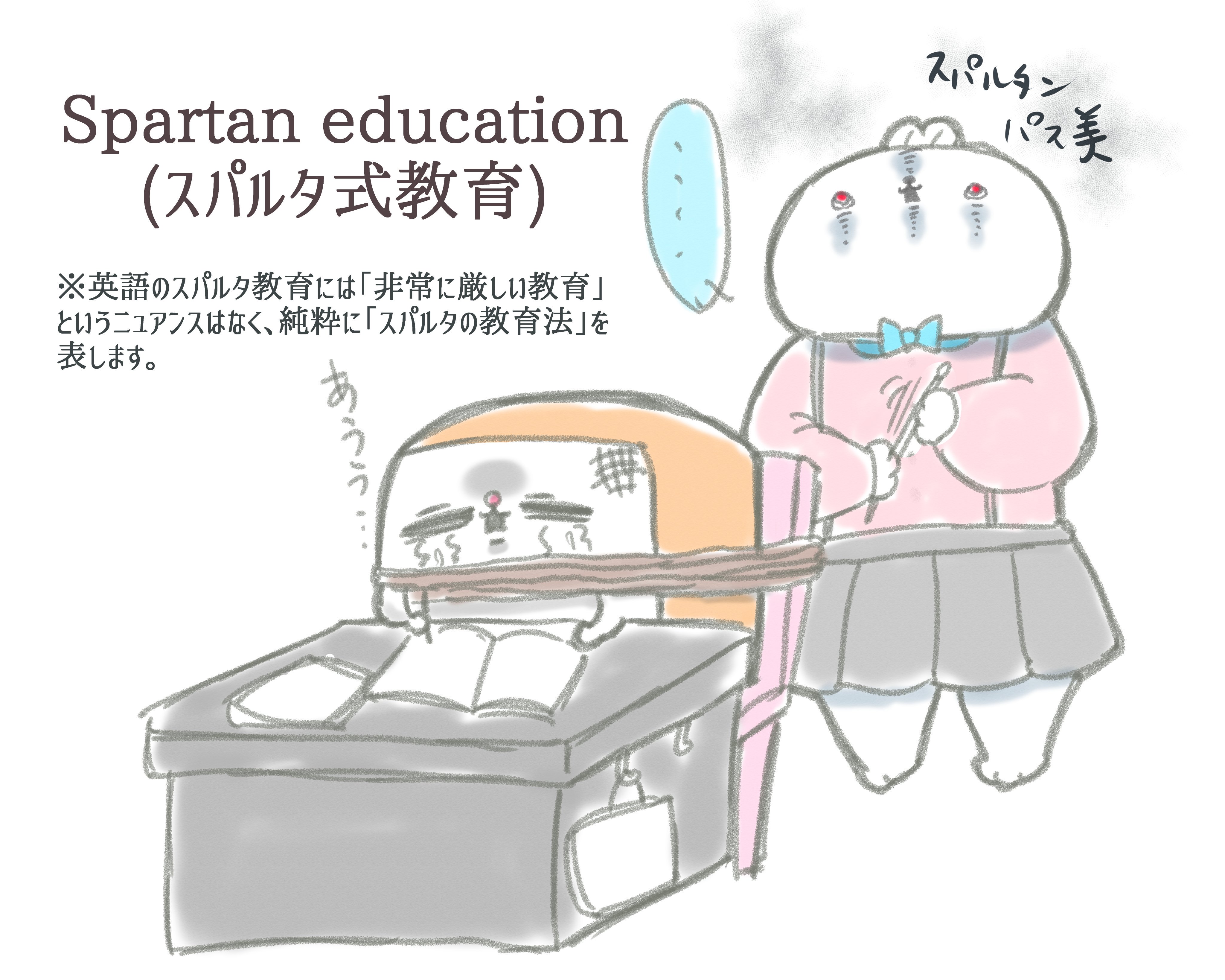 ホイップ太郎 22年ver Pa Twitter ふと スパルタ教育 って英語でなんて言うんだろうと思い立ちググりましたら なんと英語の Spartan Education には 日本のように 非常に厳しい といったニュアンスはないんですね 純粋にスパルタ式の教育といった意味になります