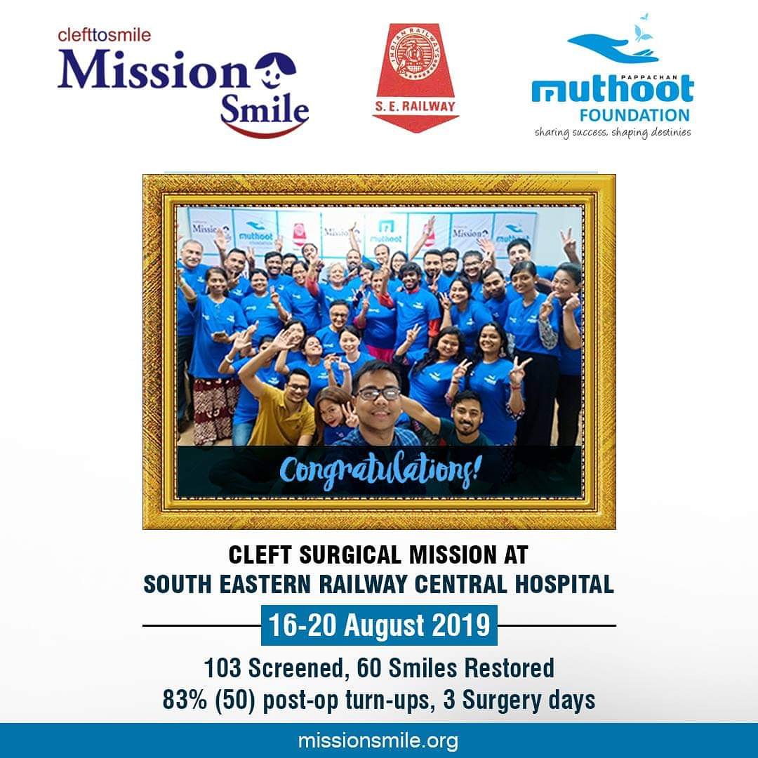 MissionSmileInd's tweet photo. Our #Cleft Surgical Mission at South Eastern Railway Central Hospital (SERCH) in #GardenReach, #Kolkata 16-20 Aug'19 organized in partnership with #Muthoot Pappachan Foundation registered 60 safe surgeries during 3 surgical days. Thanks everyone!! https://t.co/l40eXUjfPY