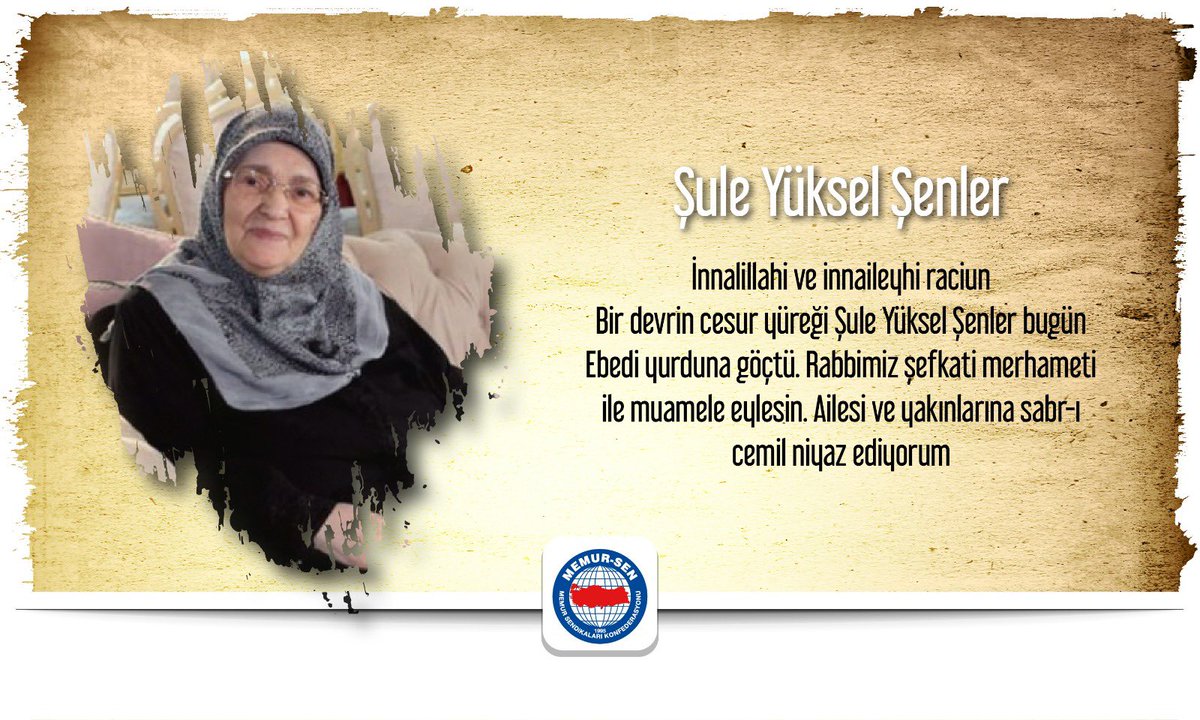 İnnalillahi ve innaileyhi raciun

Bir devrin cesur yüreği Şule Yüksel Şenler bugün ebedi yurduna göçtü. 

Rabbimiz şefkati merhameti ile muamele eylesin. Ailesi ve yakınlarına ,sevenlerine sabr-ı cemil niyaz ediyorum
#ŞuleYükselŞenler