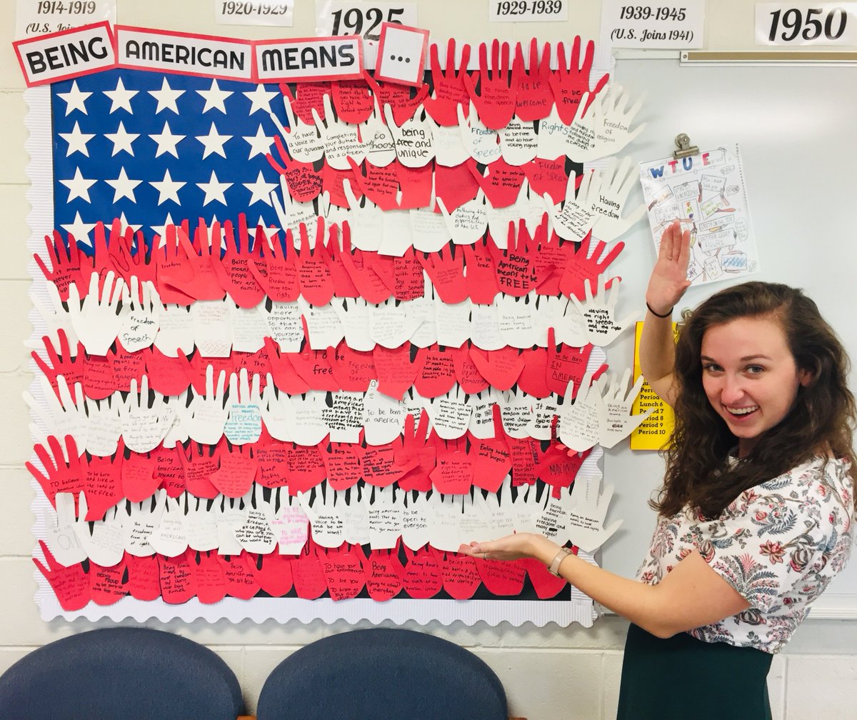 #MCBulldogs have a HAND in decorating our classroom by reflecting on what it means to be American. We'll see how their ideas shift and change as we learn more about our nation's past throughout the year in 8th grade social studies! #wsd101 #mcbulldogs101