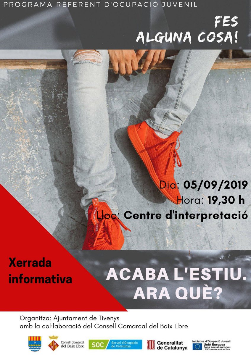Acaba l'estiu. ARA QUÈ?😬❗️vols tornar al sistema educatiu?

El proper dijous dia 5⃣ de Setembre a les 19:30, l'Ajuntament de Tivenys i el Consell Comarcal del Baix Ebre, et convidem a una xarrada🗣 informativa al Centre d'Interpretació📍