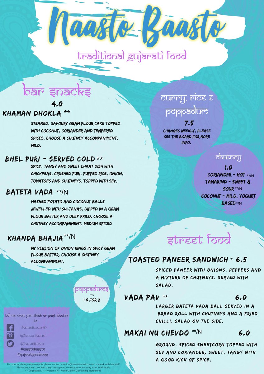 Naastobaasto's tweet photo. It's finally here to share! NEW menu for my stint at @RobinHoodBS2  starting 03/09. For those who work for the NHS or have a valid NUS, I will be offering 10% discount on all dishes (excluding any meal deal offers).
#NaastoBaasto
#GujaratiGoodness
#BS2 https://t.co/GGZg6hManX