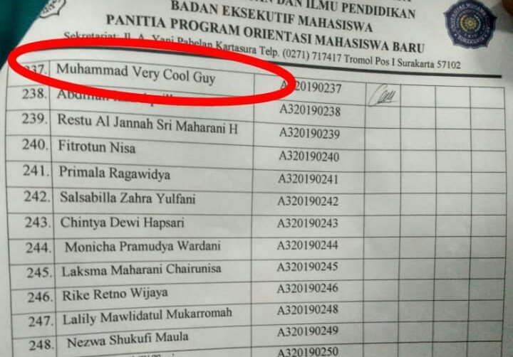dinokto's tweet photo. Diantara jutaan nama, orang tua seorang maba memilih untuk menamai anaknya sedemikian rupa..... https://t.co/QsKT2e660t