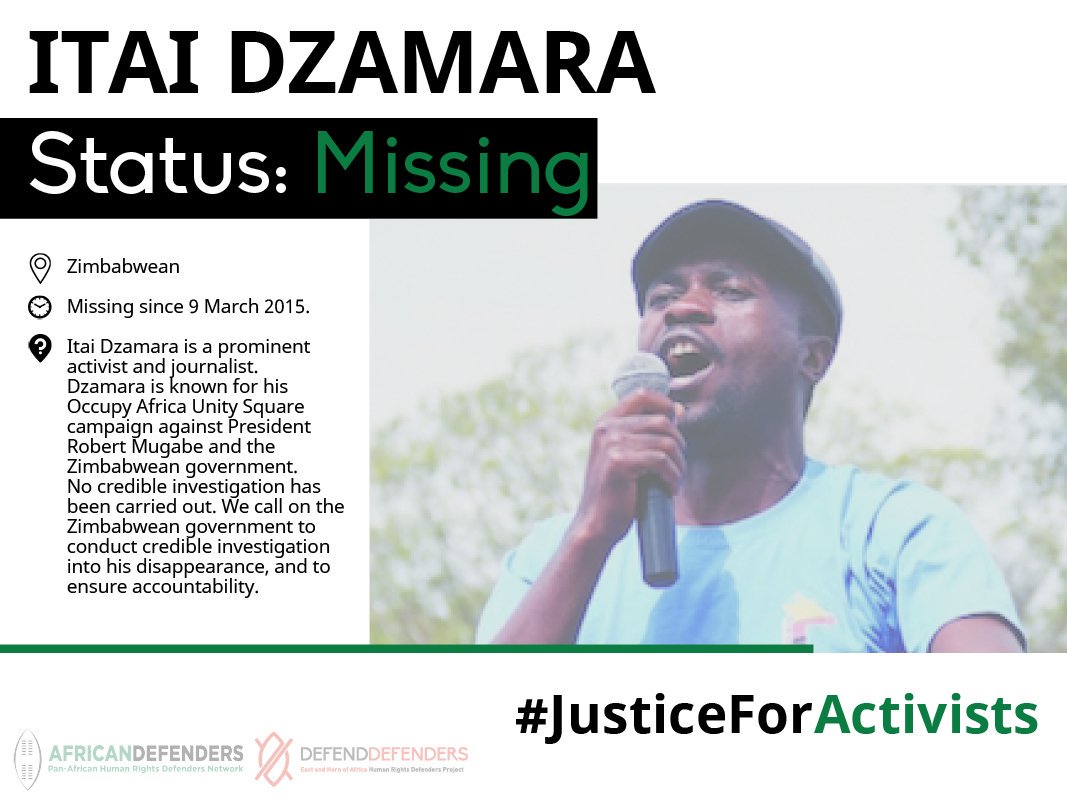 AfricaDefenders's tweet photo. Itai Dzamara is a prominent #HRD &amp; strong critic of the government of #Zimbabwe.

He went missing on 9 March 2017.

We call on Zimbabwe to conduct a credible investigation to ensure accountability. 

#JusticeForActivists
#InternationalDayoftheDisappeared
> https://t.co/PLATKIkTum https://t.co/usMKsQ7GvA