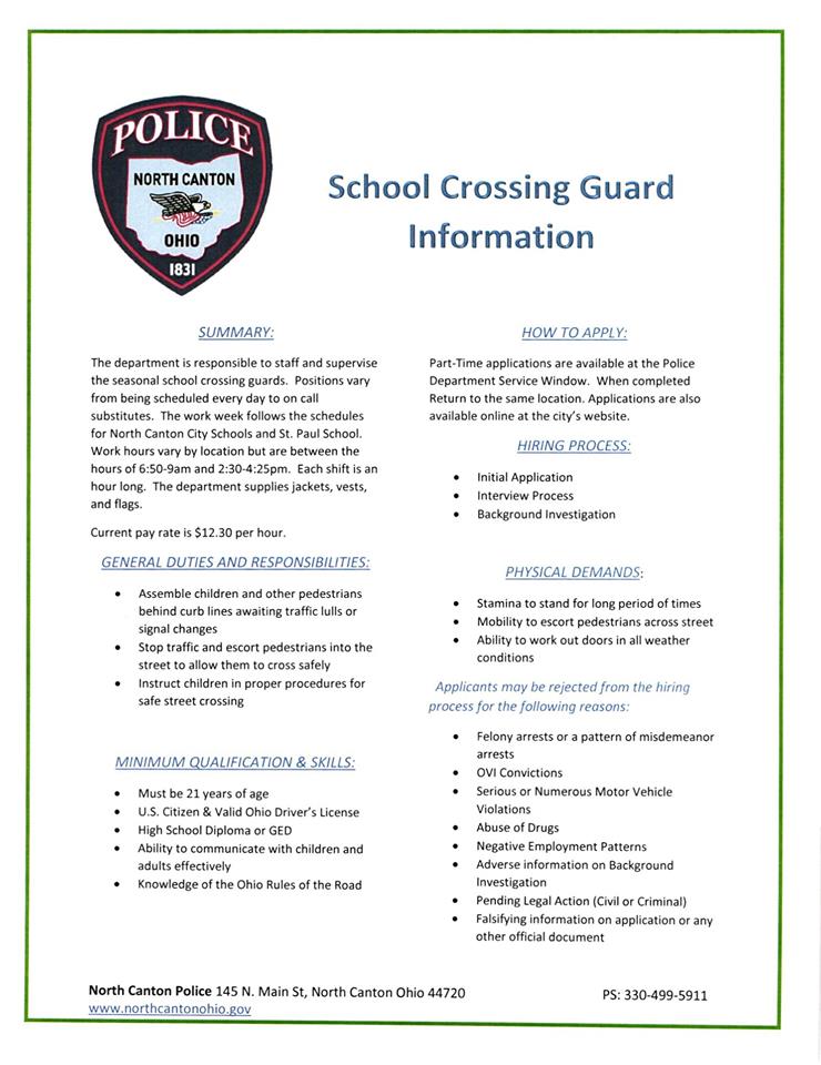 NorthCantonPD's tweet photo. NCPD is currently hiring part-time crossing guard. See attached picture for details and contact SGT KEMP at (330)499-5911 with any questions.
Applications available at NCPD or online at https://t.co/31PI6ZcKrH https://t.co/L6V73X57He