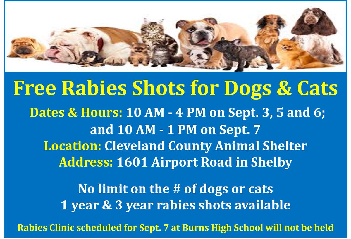 Cleveland County Animal Shelter is giving FREE rabies shots next week for dogs &amp; cats. Minimum age for shots is 16 weeks old. Rabies vaccines that last for 1 yr &amp; 3 yrs are available. No limit on the # of animals you can get vaccinated. Open to Cleveland County residents ONLY.