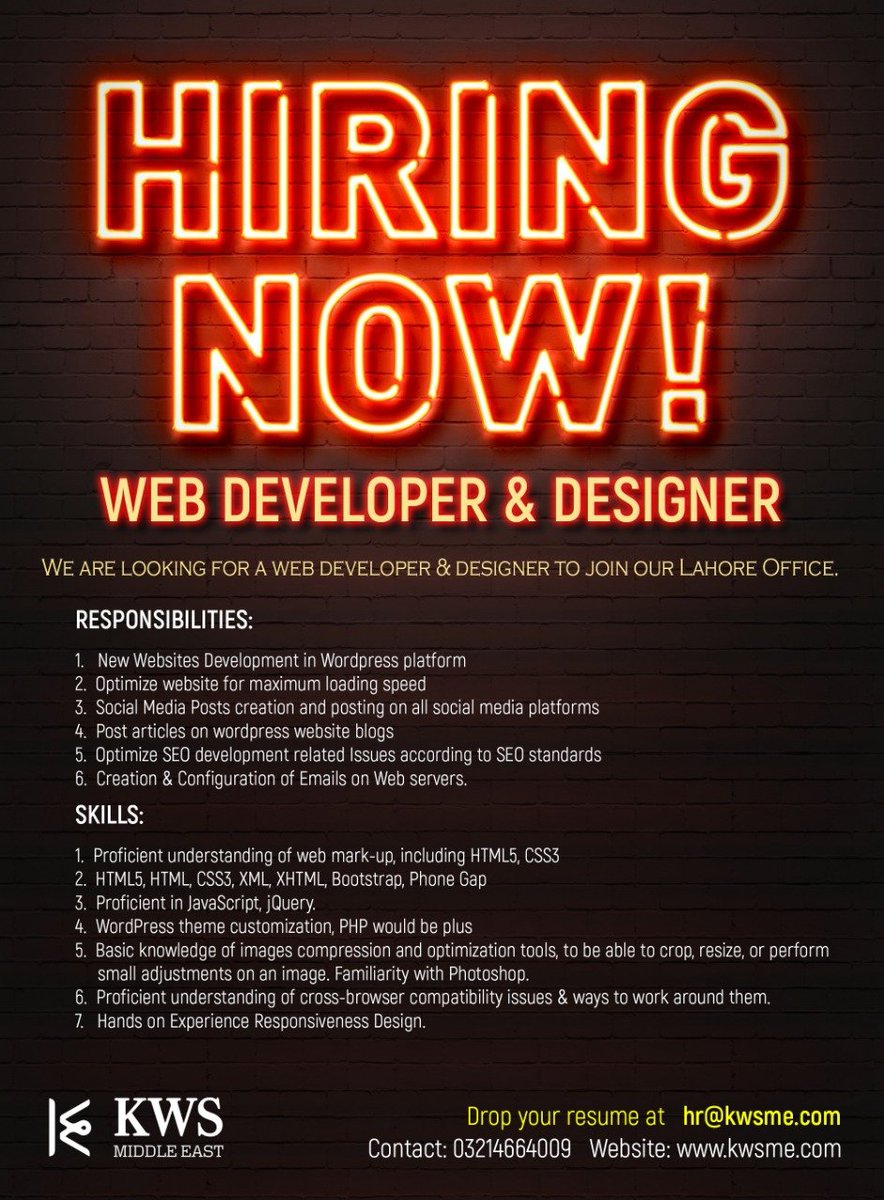 KWSMiddleEast's tweet image. We&apos;re looking for talented Web Developers in Lahore, Pakistan!
If you&apos;ve got what it takes, apply now to hr@kwsme.com
*Candidates will be selected via a thorough screening process in two week&apos;s time.

#jobs2019 #workaholic #contentwritingjob #seo #smm #digitalmarketing #lahore