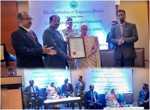 Conferment of Honorary Fellowship of The Institution of Engineers (India) to Hon’ble Governor of Goa, Smt Mridula Sinha by Dr T M Gunaraja, President, IEI in presence of Mr Chandrashekhar G P Dessai, Chairman, Goa State Centre & other members on 25 Aug 2019 at Taj Vivanta, Goa