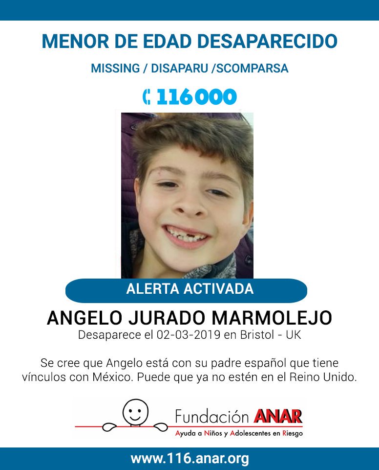 ⚠️ALERTA MENOR DESAPARECIDO‼️
Angelo desaparece en Bristol - UK

Comparte, ayúdanos a encontrarle.
#TeléfonoANAR ☎️ 116 000 #Niños #Desaparecidos