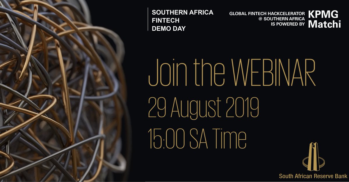 SAReserveBank's tweet photo. Live tomorrow: We will be hosting a live webinar covering key aspects of the Global Fintech Hackcelerator @ Southern Africa 2019. Register for the session here: https://t.co/pC3q1raKo7 If you cannot attend live, register anyway - the session will be recorded. #HackceleratorSA https://t.co/p36VEf35DO