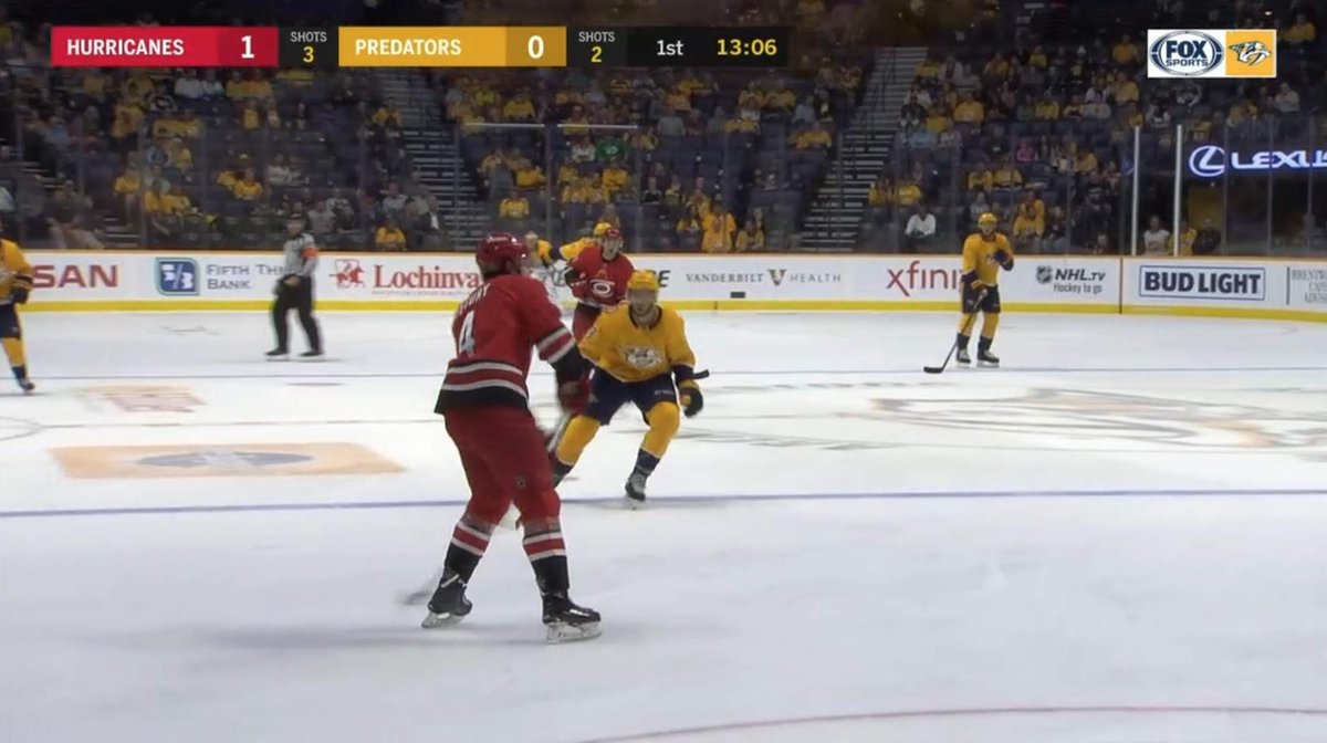 PredsAlmanac's tweet image. #OTD in #Preds history (2018):
The Nashville Predators and the Carolina Hurricanes each wear their away jerseys for their pre-season match-up in Music City.

(pic: screen cap from @PredsOnFSTN)