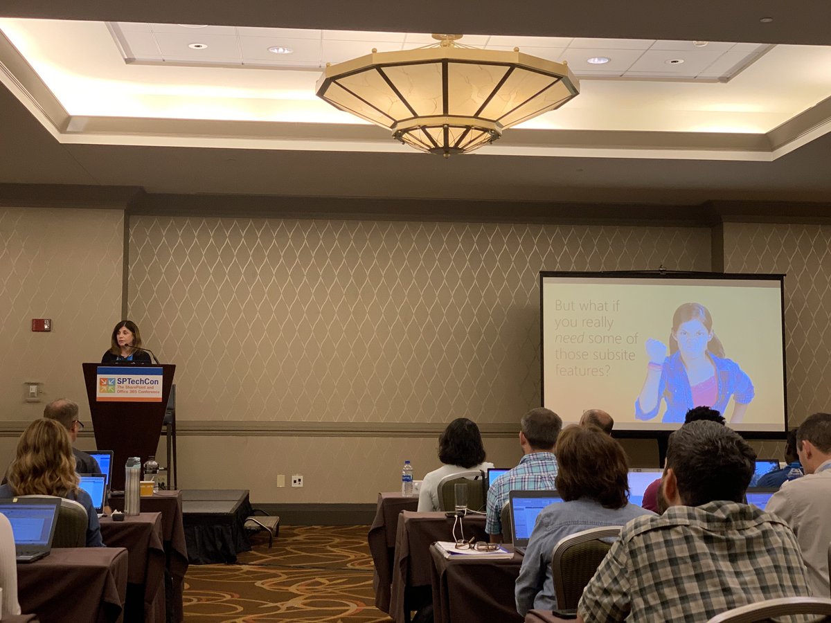 sympmarc's tweet image. Here’s @susanhanley enlightening a full house crowd on the topic of Hub Sites at #SPTechCon #Boston.