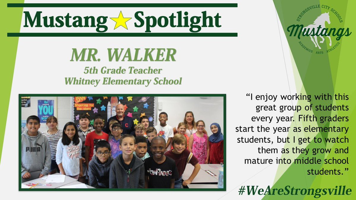 strongsvillecs's tweet photo. This week’s Mustang Spotlight - Mr. Mike Walker, 5th Grade Teacher at Whitney Elementary School. #WeAreStrongsville
https://t.co/r7O83kjO5G https://t.co/PMuc0atSsH