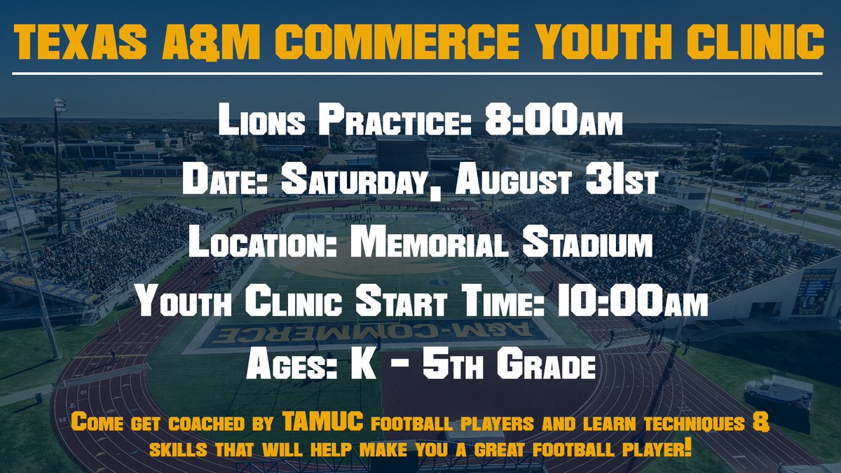 Excited to host our #LionsAllRise Youth Clinic this Saturday starting at 10:00am! <a href="/Lions_FB/">East Texas A&M Football</a> will practice at 8:00am, with the clinic to follow! Your children will be coached by our <a href="/Lions_FB/">East Texas A&M Football</a> football players in drills they do daily! #LiveLion