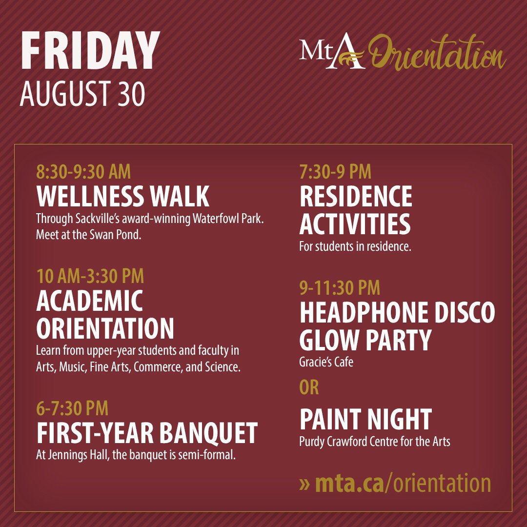 MountAllison's tweet photo. #MtAOrientation kicks off tomorrow with Move-In Day for first-year students and Commencement with guest speaker @SallyCNg ('09)! Details: https://t.co/TDUsbes2XP https://t.co/n4ALt0qkQb