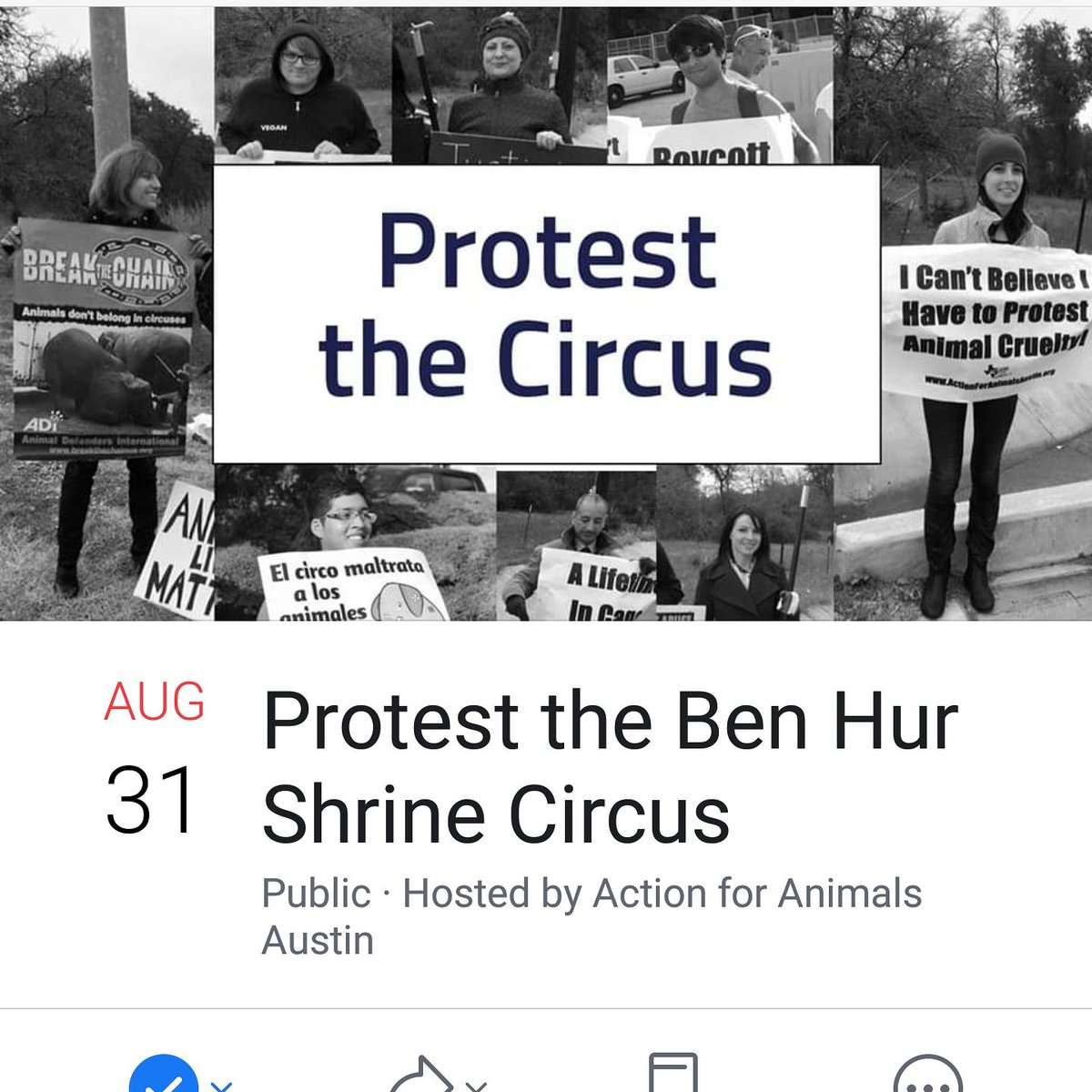 AFAAustin's tweet photo. Join us this Saturday at 10:00 for our protest of the Ben Hur Shrine Circus. We'll have signs. We will be meeting near the south entrance to the HEB Center in Cedar Park at the intersection of E New Hope Dr and Ave of the Stars. https://t.co/jO2uC93oZx https://t.co/1pNHORGzXB