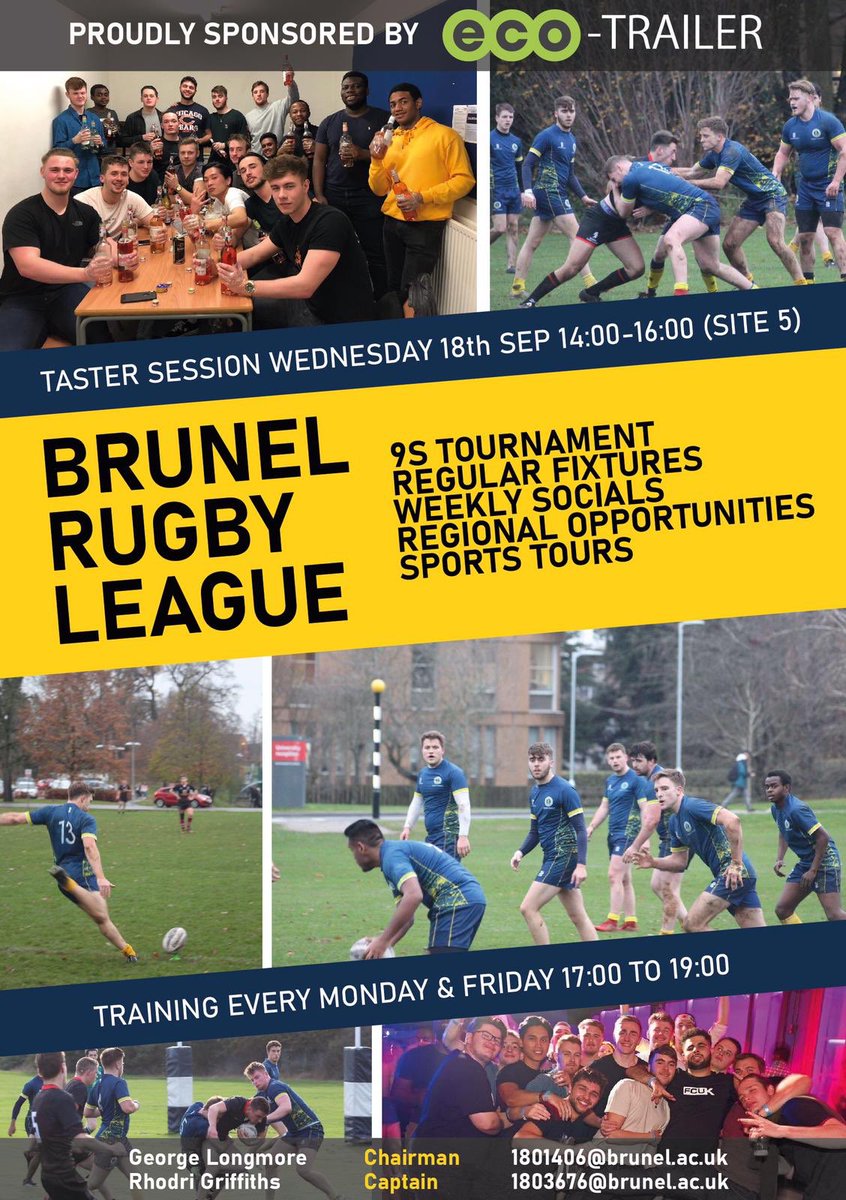 Brunel Rugby League taster session : Wednesday 18th 2-4 Site 5.🏉💪
We Welcome all abilities, so make sure you come down to have a shot at being part of one of the most competitive clubs at Brunel.🏆Find us at the Freshers Fayre on Tuesday 17th. #teambrunel #rugbyleague