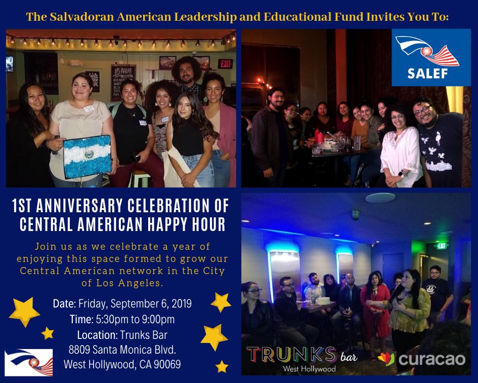 _salef's tweet photo. Hello everyone !! It is here our FIRST ANNIVERSARY Of our Central American Happy Hour ! Come celebrate with us on Friday Sept. 6 at Trunks Bar ��� Come by to meet the team. 
To obtain one free raffle ticket please rsvp with Karla Cativo  kcativo@salef.org ! Save the date! https://t.co/cJTkZKdlfH