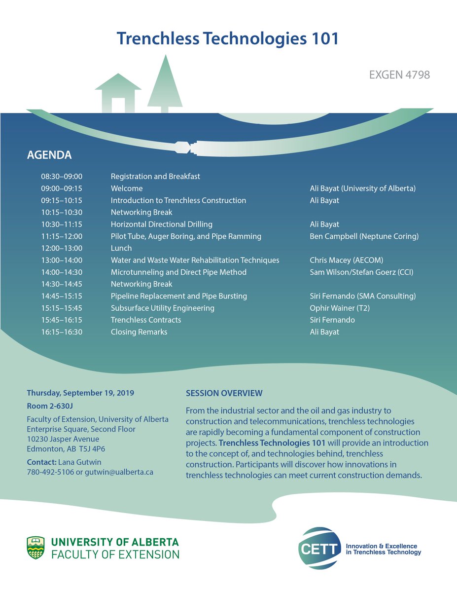 Working in #trenchless #technology or #construction? We have courses + full #professionaldevelopment series built just for you ualberta.ca/extension/cont… We are proud to partner with <a href="/CETT_ualberta/">CETT</a> on this unique #educational opportunity &amp; the first fall workshop is September 19!