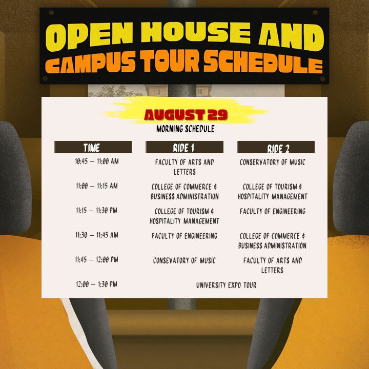 USTofad's tweet image. Schedule of UST Open House and Campus Tour. 🐯

#2019ByahengUSTe
#CSCFartherAndFurther
#GoUSTET
#2019UniversityExpo