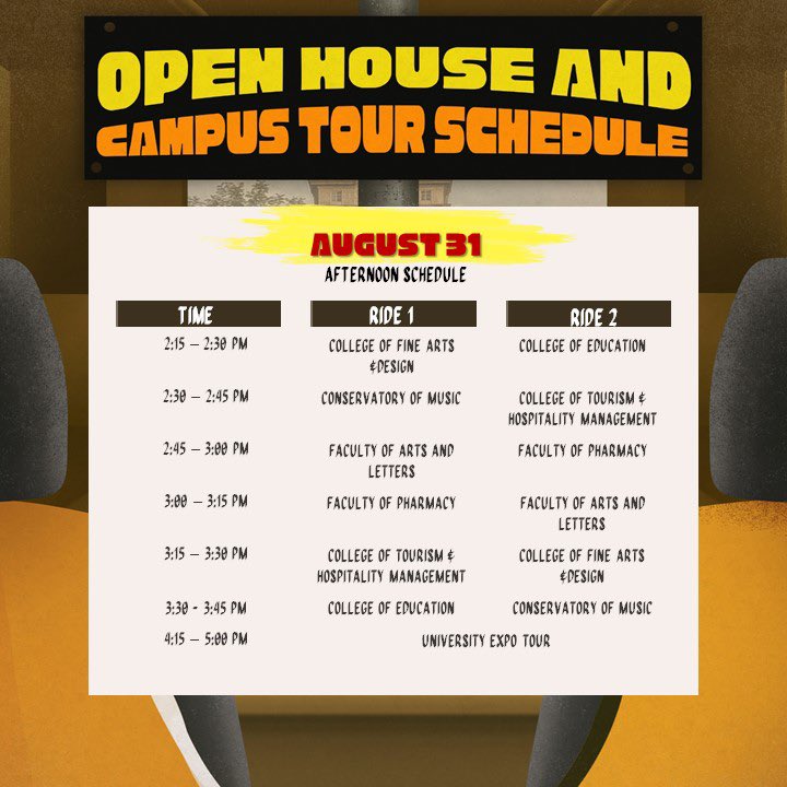 USTofad's tweet image. Schedule of UST Open House and Campus Tour. 🐯

#2019ByahengUSTe
#CSCFartherAndFurther
#GoUSTET
#2019UniversityExpo
