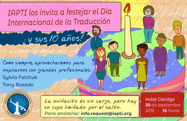 auhumaran's tweet image. ¿Nos vemos el 30/9 para festejar el Día Internacional de la Traducción y el cumpleaños de la IAPTI? 
Festejamos en el Hotel Claridge mientras aprendemos de Sylvia Falchuk y de @rpstranslations Tony Rosado. El evento es gratuito. ♥️🇦🇷#xl8 #t9n #1int