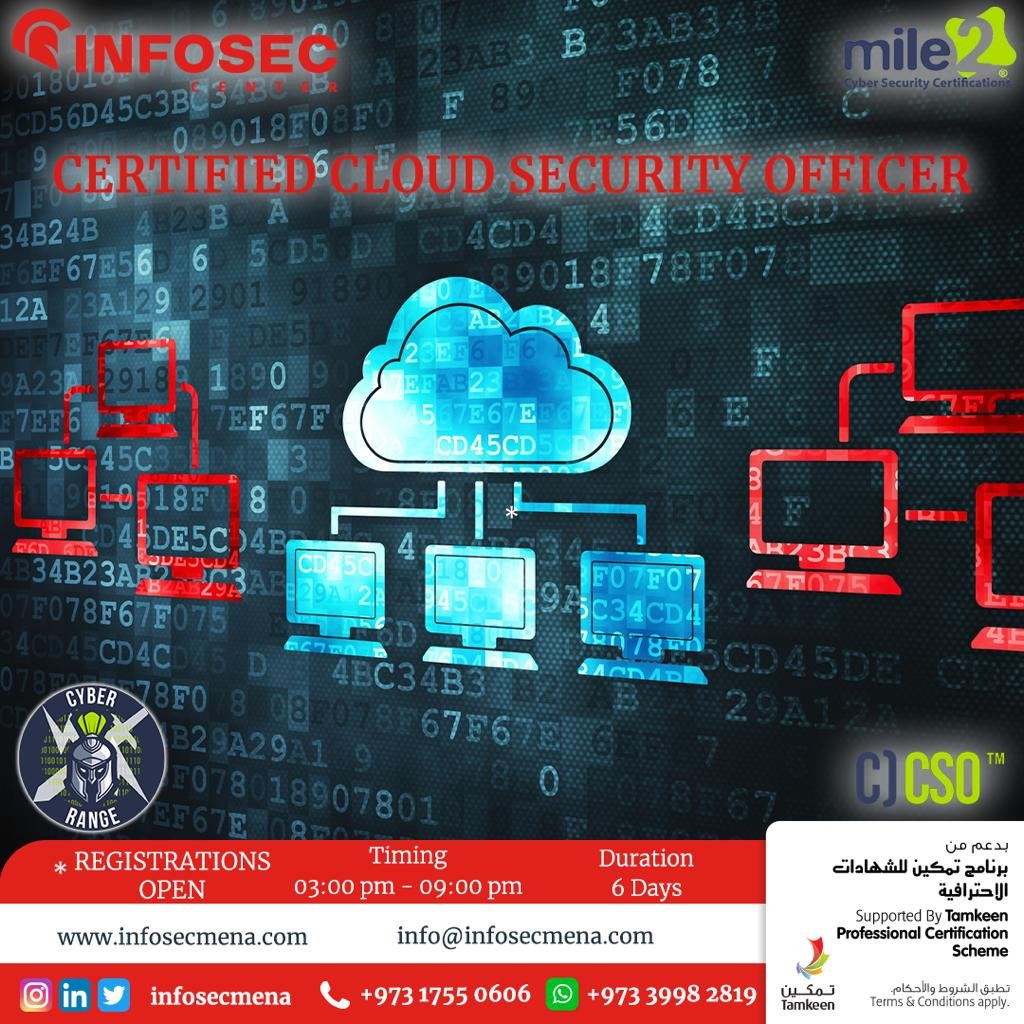 infosecmena's tweet photo. Registration is open for Certified Cloud Security Officer from MILE2 *Bahrain’s first Cyber Security Training Center*
The program is supported by Tamkeen.
#bahrain #manama #awssummit #tamkeen #tamkeenbahrain #riffa #fintechbay #moi #manama #training #uob #startupbahrain https://t.co/VV9XM4pfxv