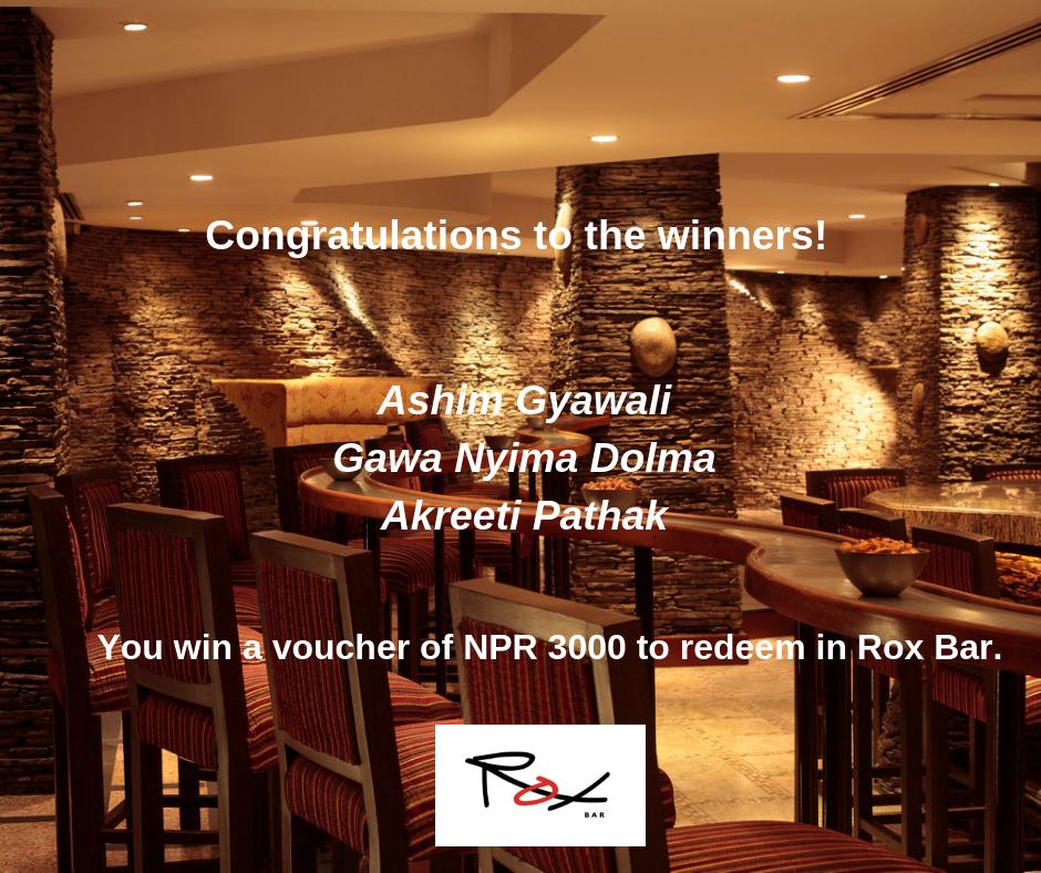 HR_Kathmandu's tweet photo. Congratulations to all the winners!
@Ashim Gyawali @Gawa Nyima Dolma @Akreeti Pathak
#RoxBar #HyattRegencyKathmandu #FridayNightatRoxBar https://t.co/WvBycOk7we
