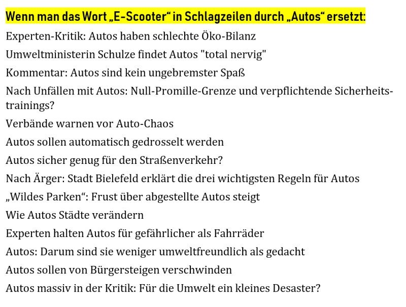 stvrtrb's tweet image. Wenn man E-Scooter in Schlagzeilen durch Autos ersetzt...