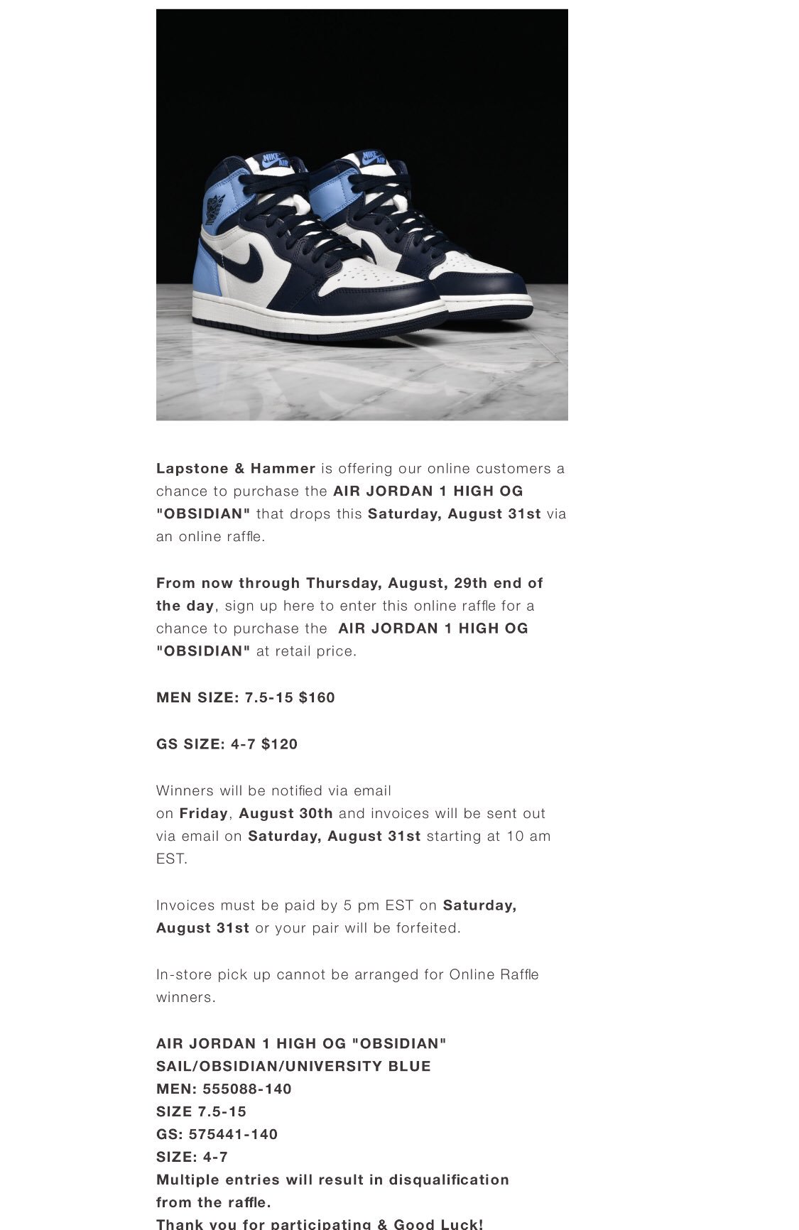 air jordan 1 retro high og obsidian raffle