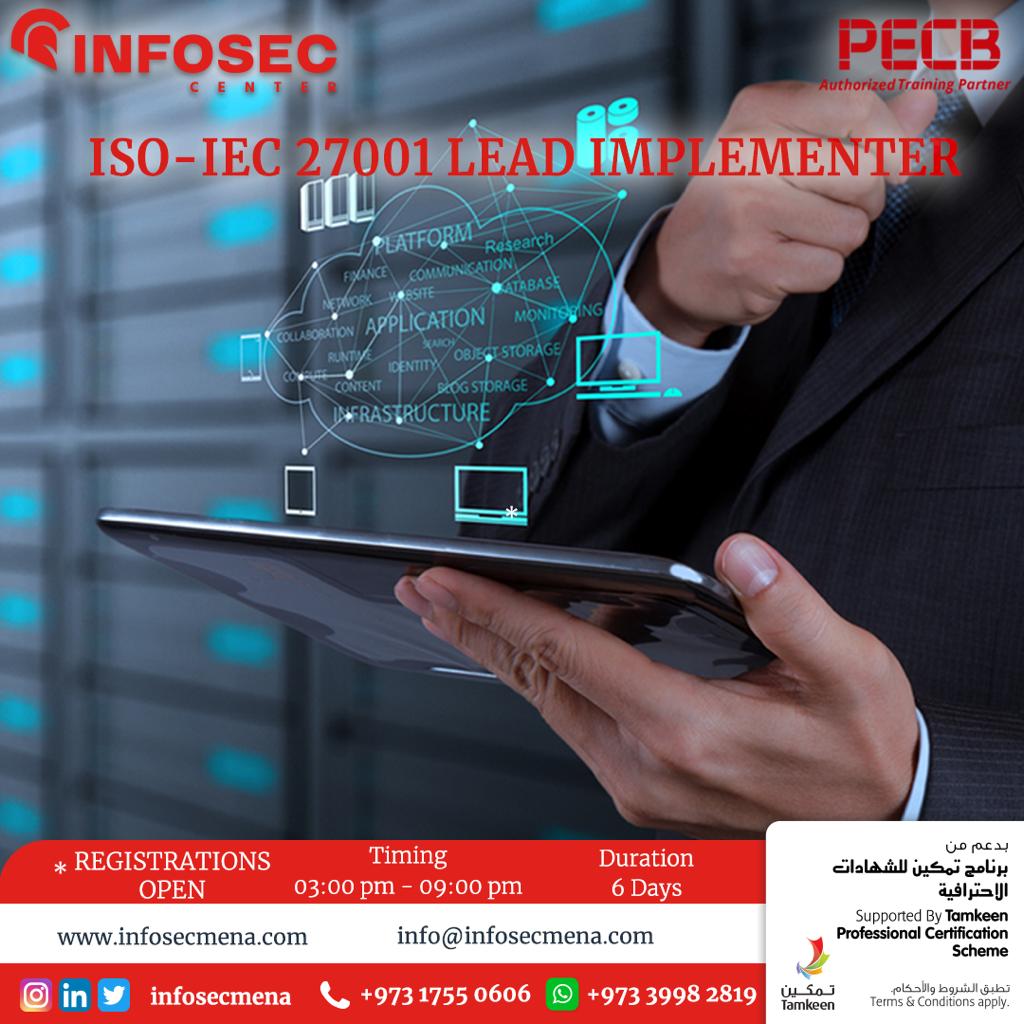 infosecmena's tweet photo. Registration is open for ISO 27001 Lead Implementer from PECB.
*Bahrain’s first Cyber Security Training Center*
The program is supported by Tamkeen.
#bahrain #manama #uob #manama #zain #edb #startupbahrain #bahrainevents #bitex2019 #edbbahrain #fintechbay #tra #moi #manama https://t.co/Bm3yPgkRTG