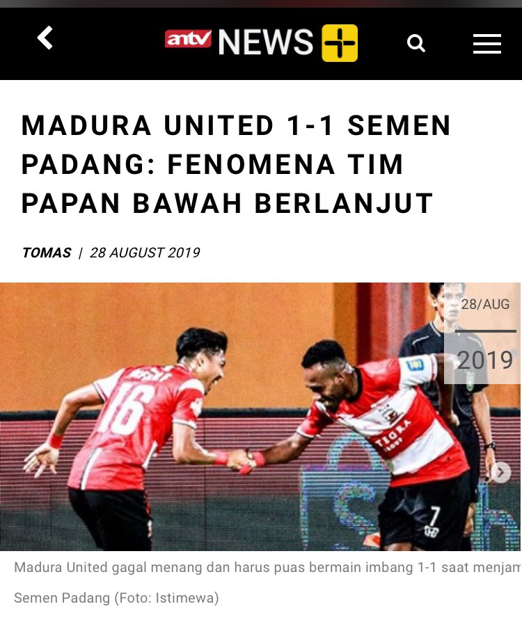 Semen Padang meneruskan fenomena tim papan bawah yang tampil penuh motivasi dan mengejutkan dengan berhasil menahan imbang Madura United dalam lanjutan Liga 1 2019 di Stadion Gelora Ratu Pamelingan, Jawa Timur, Rabu (28/8/2019)
newsplus.antvklik.com/sports/semen-p…