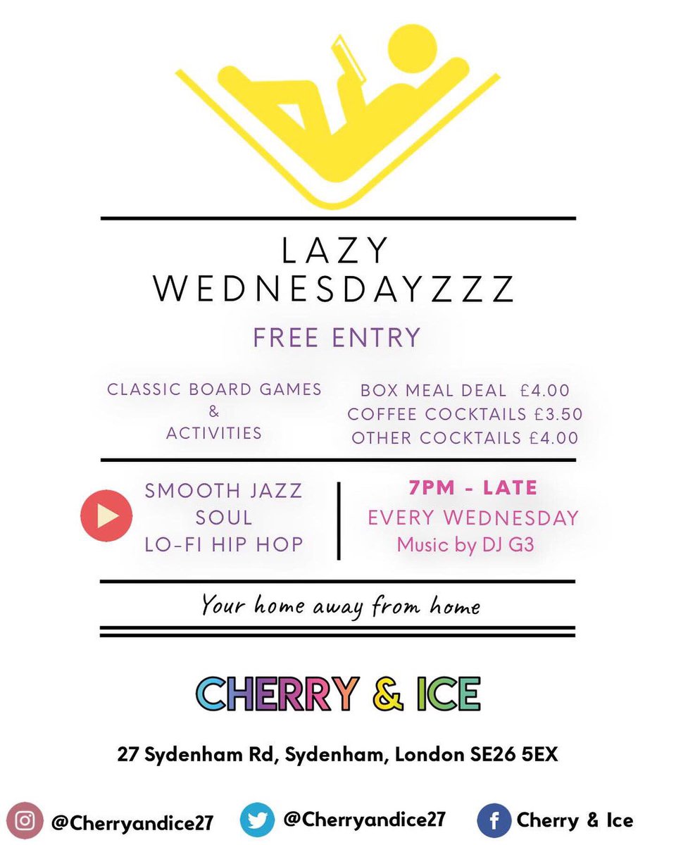 cherryandice27's tweet photo. Lazy Wednesdays is on again today.. come and chill/ lime and mellow...
#community #se26 #londonvibes #goodvibes #chill #mental #drinks #cocktails https://t.co/9NmrF2oPXA