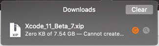 Heffertron's tweet image. Anyone having similar issues downloading the latest Xcode 11 beta 7? Anyone know how to fix this? I can’t even expand the “cannot create...” so I’m not sure what it means 😔 #iOSDev #SwiftLang #Xcode11