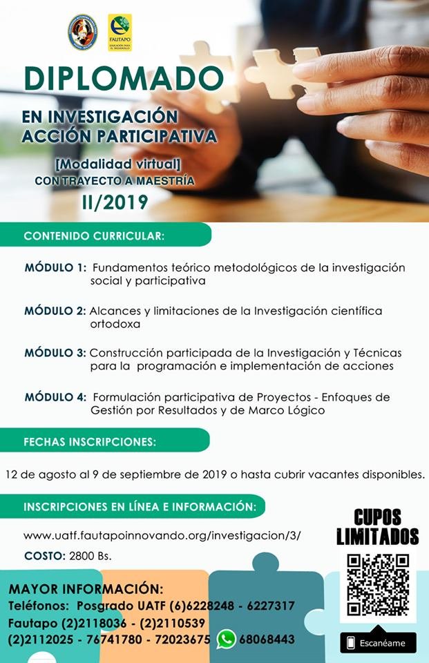 fautapobolivia's tweet photo. Les invitamos a participar del DIPLOMADO VIRTUAL DIPLOMADO EN INVESTIGACIÓN ACCIÓN PARTICIPATIVA. Costo: 2800 Bs. Inscripciones: hasta el 9 de septiembre de 2019. CUPOS LIMITADOS. Whatsapp 68068443. Ingresar a https://t.co/5dXEF8ruTb https://t.co/vkbQRErBgC