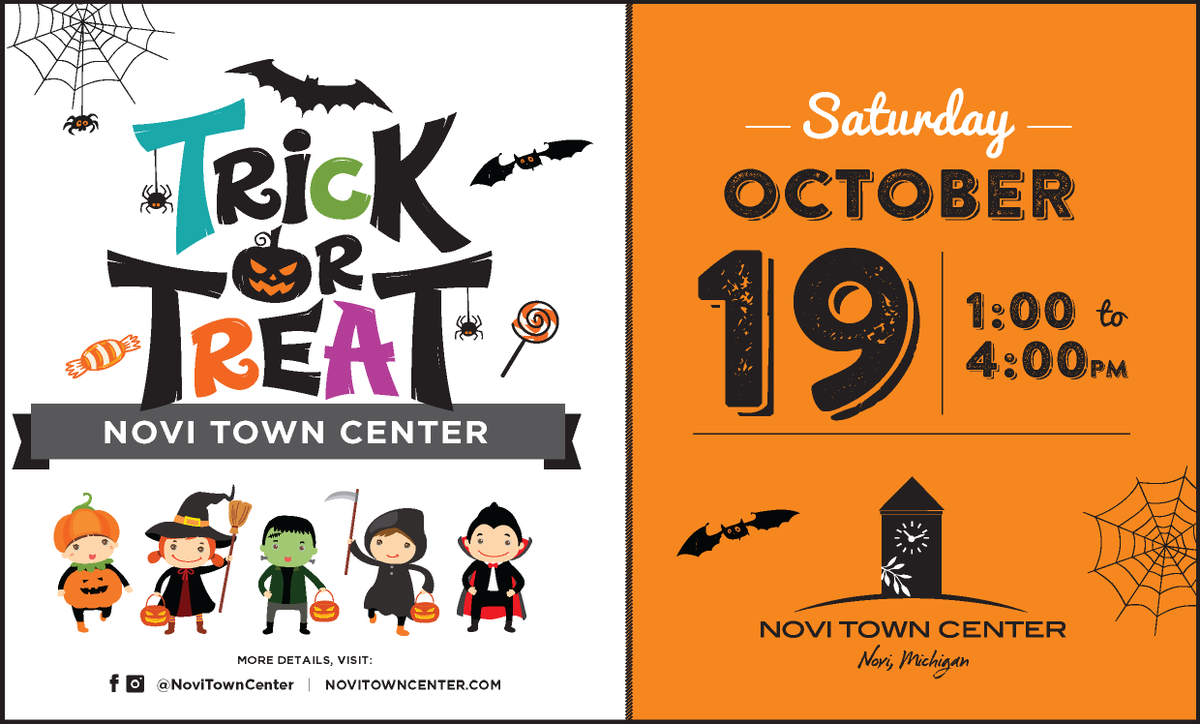 Bring the little ones to the <a href="/NoviTownCenter/">Novi Town Center</a> for some Halloween fun on Saturday, Oct. 19 from 1-4pm. <a href="/noviparks/">Novi Parks</a> will be there with games and prizes &amp; <a href="/novipolice/">Novi Police Department</a> will also be there with its pink police vehicle. #Novi #TrickorTreat #Halloween #BreastCancerAwareness
