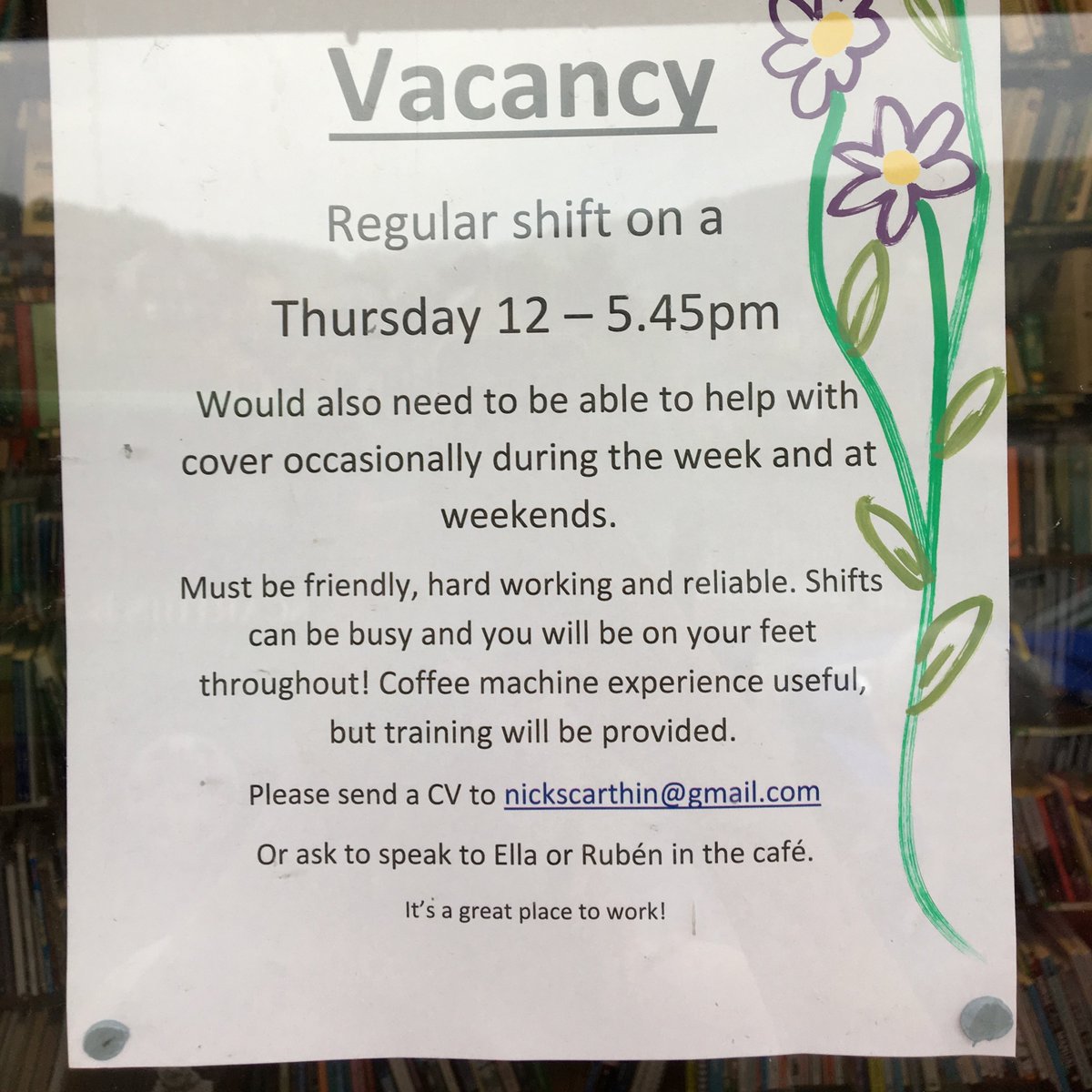 scarthinbooks's tweet photo. CAFE STAFF VACANCY

Regular shift on a Thursday 12-5:45pm
Would need to help with cover occasionally during the week and weekends. Coffee machine experience useful, but training will be provided. Please send a CV to nickscarthin@gmail.com or speak to Ella or Ruben in the cafe. https://t.co/6M9u9aP6zp