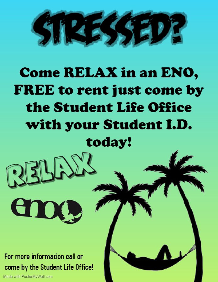 USCAGetInvolved's tweet photo. Feeling stressed? 
Grab an eno in the Student Life Office! Swing and relax in the quad! All you need is your Student ID https://t.co/q57XTDlpNz