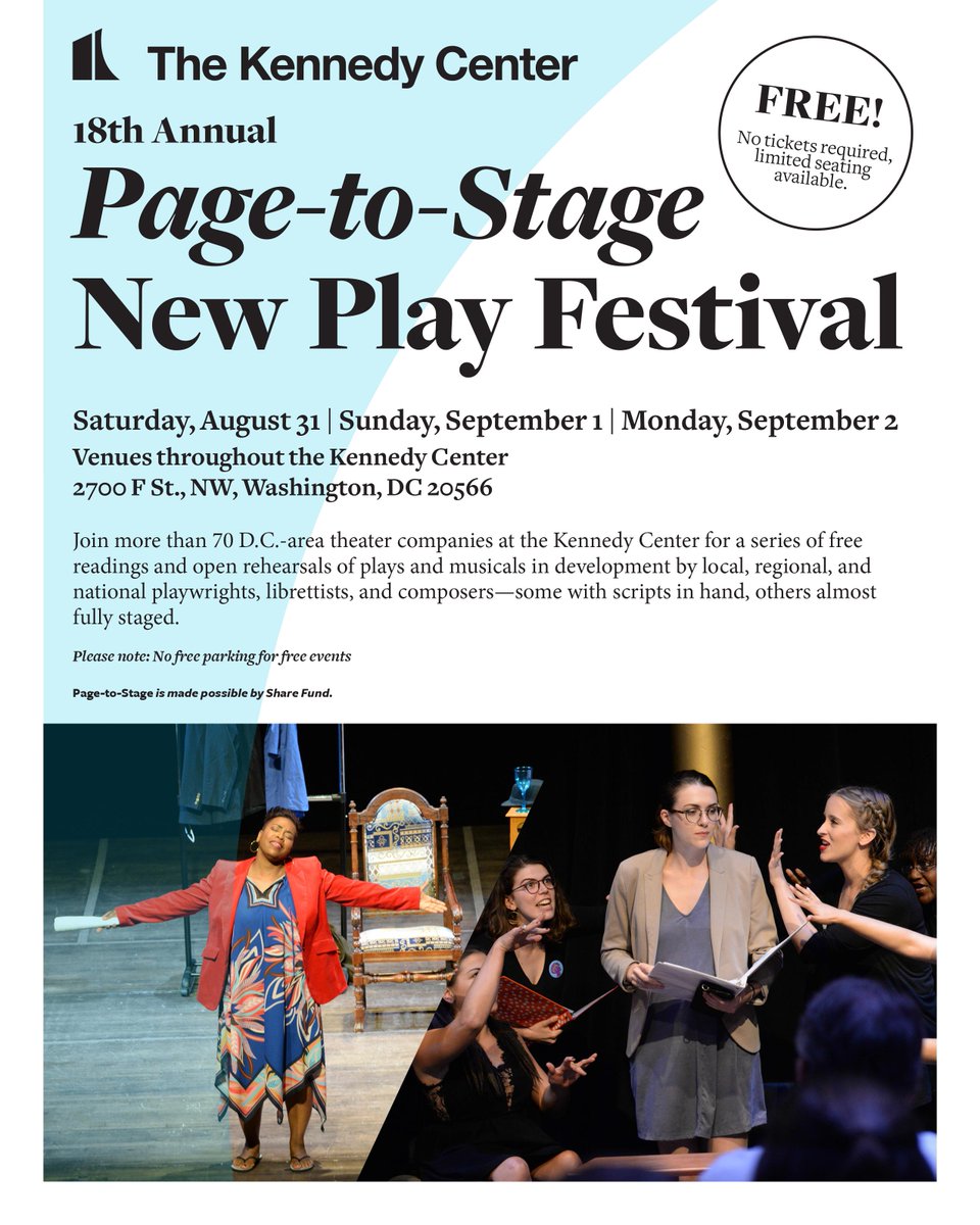 TKCOfficial's tweet photo. Our 18th annual Page-to-Stage festival is just days away!
This weekend, join more than 60 D.C.-area theater companies at the Kennedy Center for a series of free readings and open rehearsals of plays: https://t.co/lVBNEseTNq https://t.co/DMgqsY9AnC